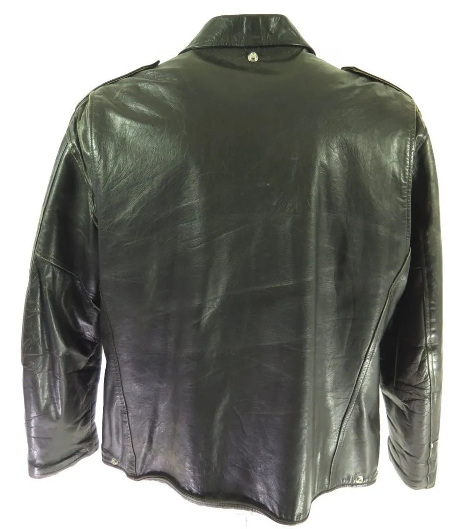 Vintage 60s Black Leather Police Jacket 50 R or XXL Motorcycle Biker Talon Zip