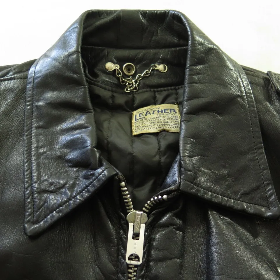 Vintage 60s Black Leather Police Jacket 50 R or XXL Motorcycle Biker Talon Zip