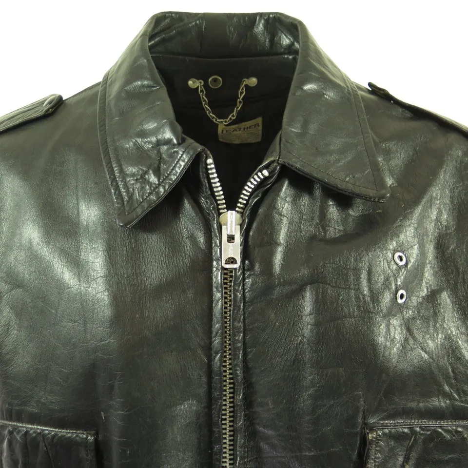 Vintage 60s Black Leather Police Jacket 50 R or XXL Motorcycle Biker Talon Zip