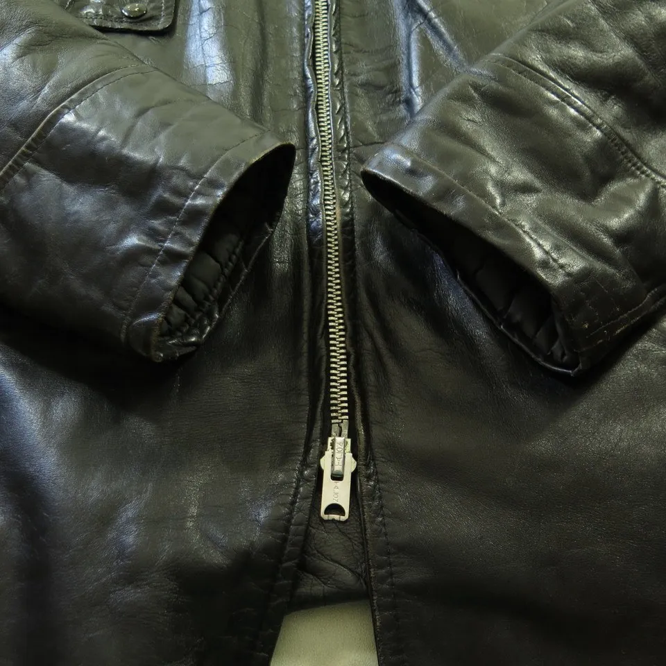 Vintage 60s Black Leather Police Jacket 50 R or XXL Motorcycle Biker Talon Zip