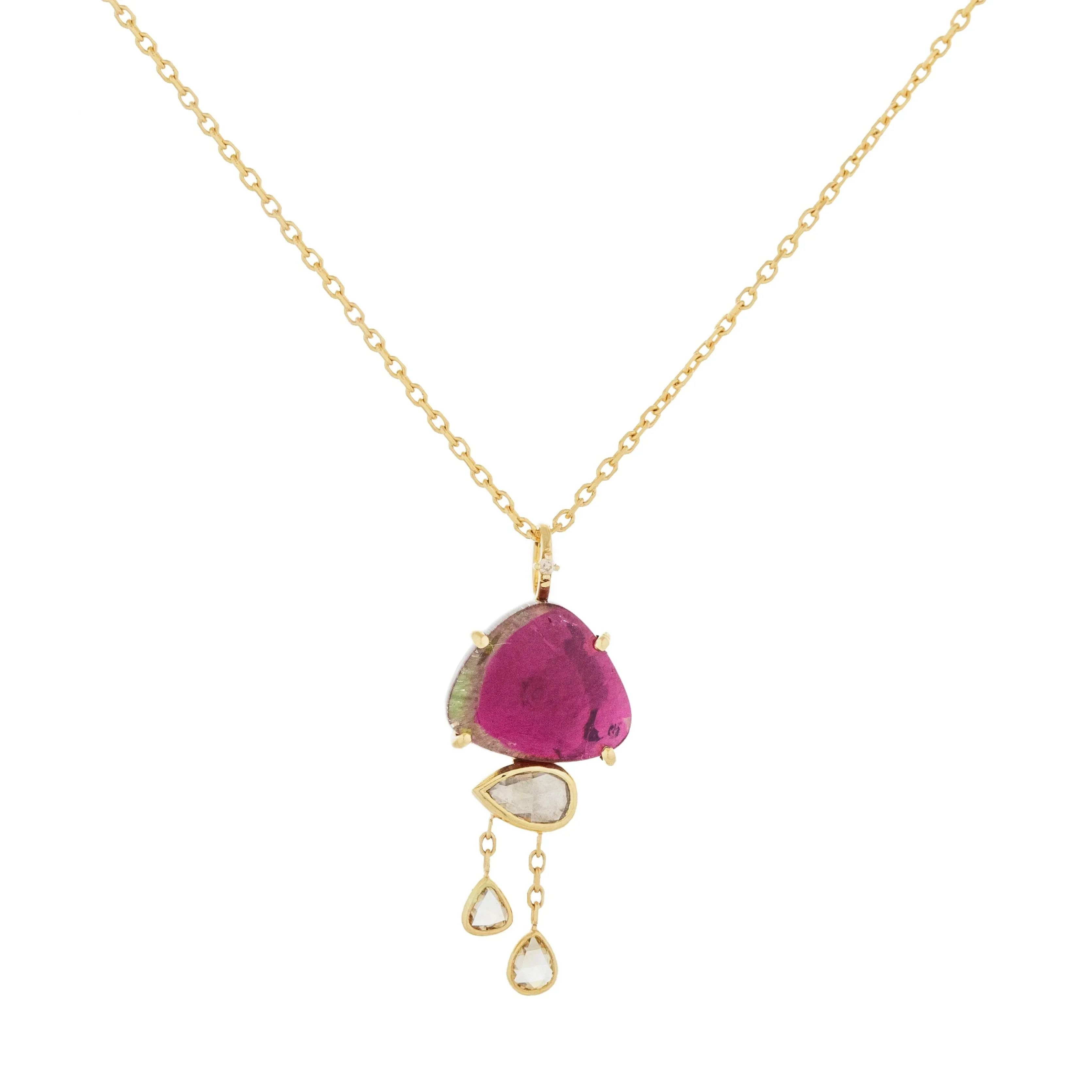 Watermelon Tourmaline and Dangling Diamond Cloud Necklace