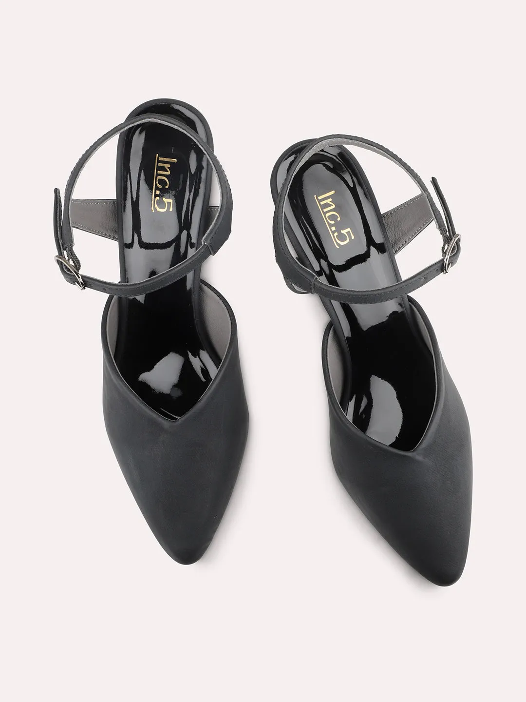 Women Black Pointed Toe Block Mules With Buckle Closure