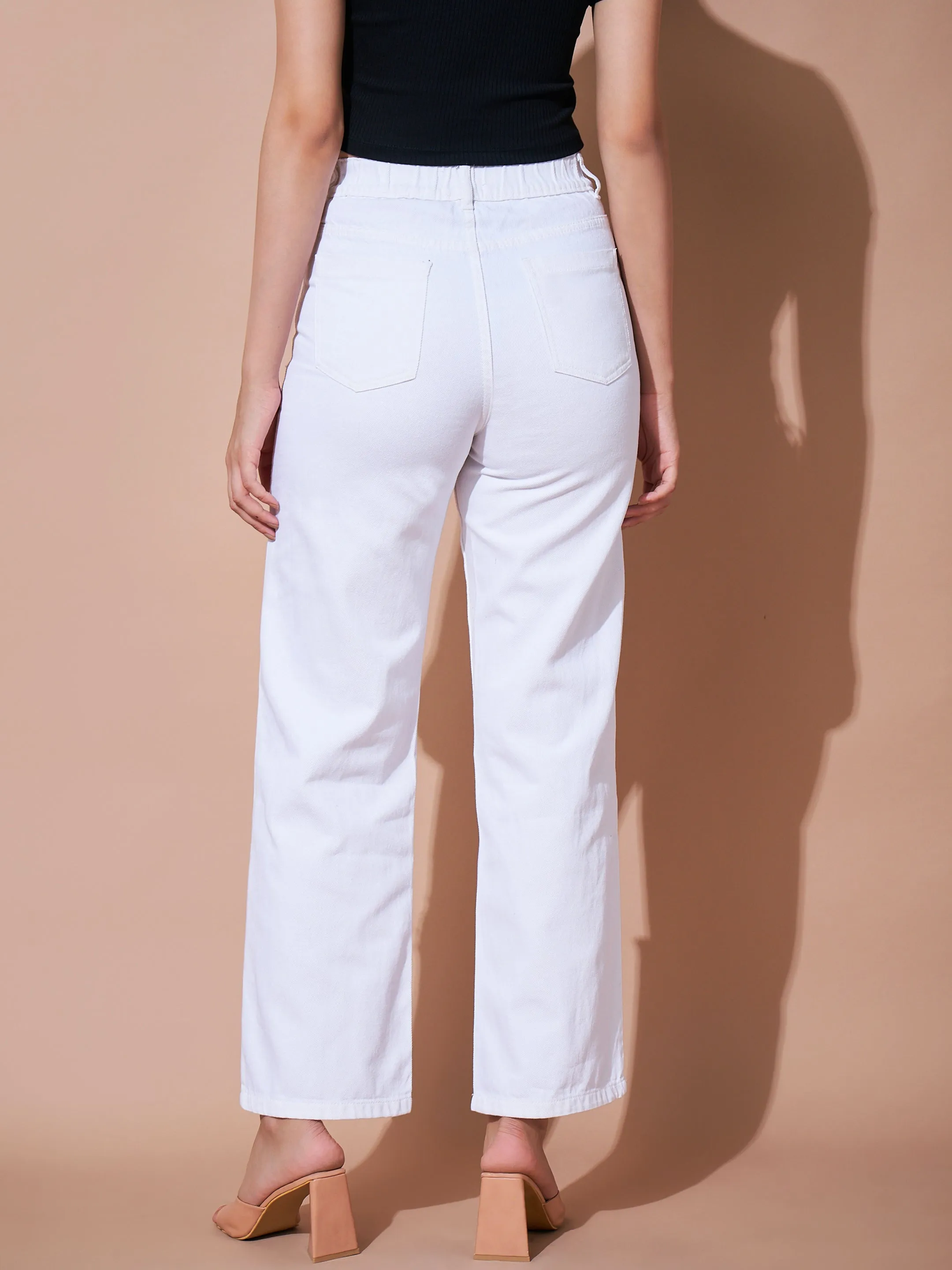 Women White Heavy Distress Straight Jeans