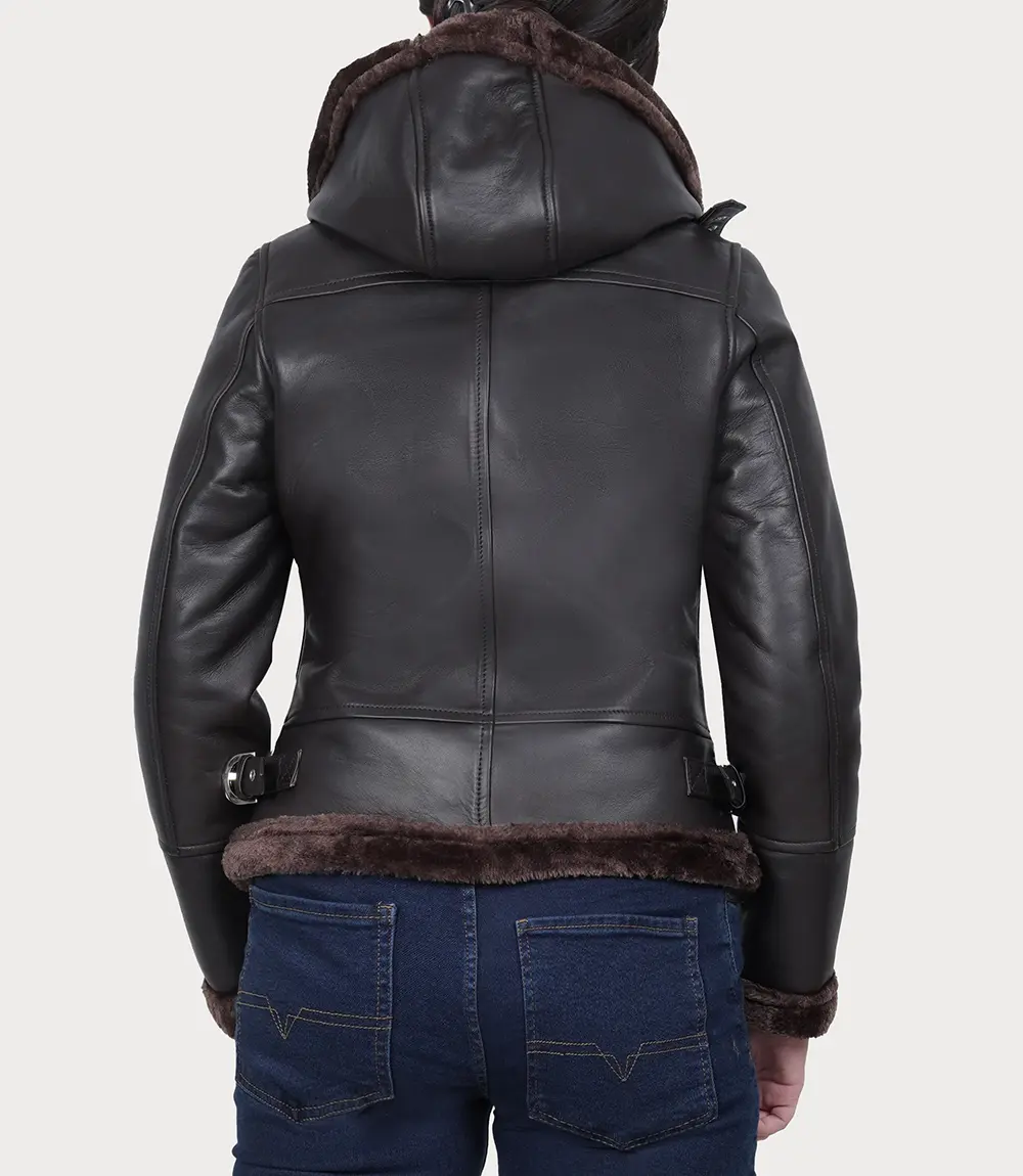 Women's Dark Brown Leather Hooded Shearling Jacket