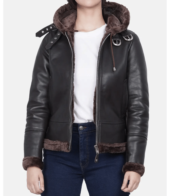 Women's Dark Brown Leather Hooded Shearling Jacket