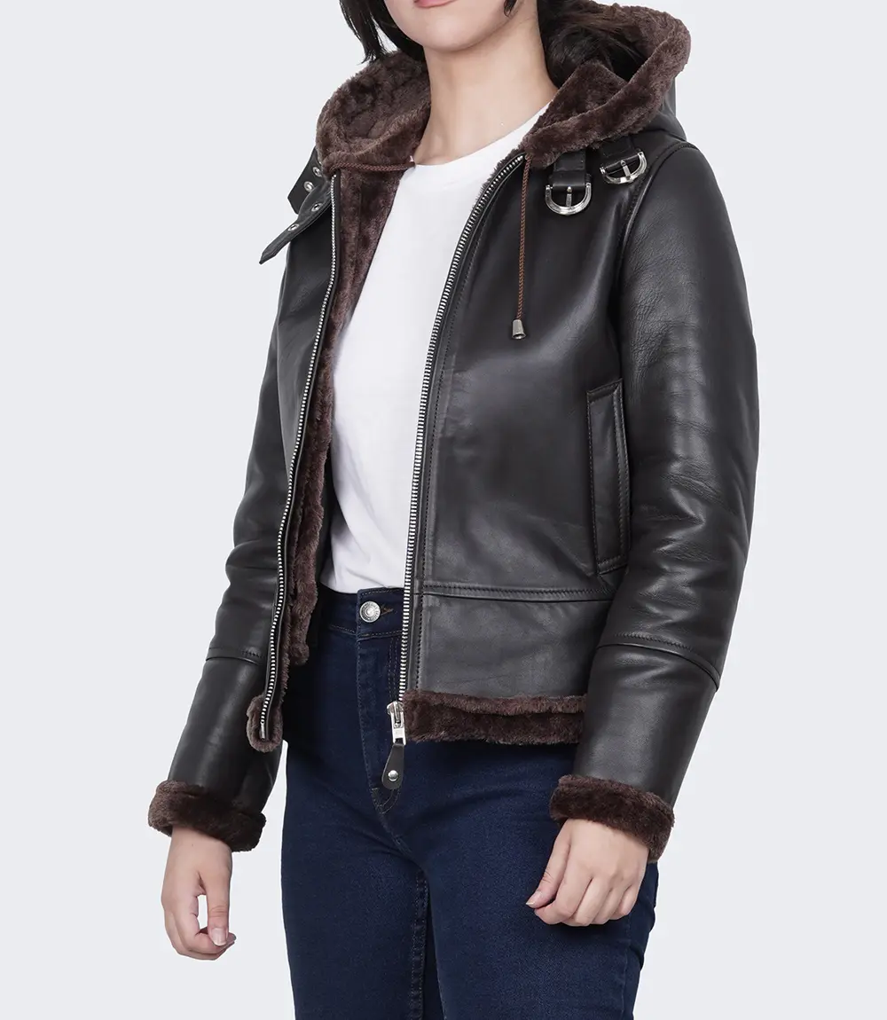 Women's Dark Brown Leather Hooded Shearling Jacket