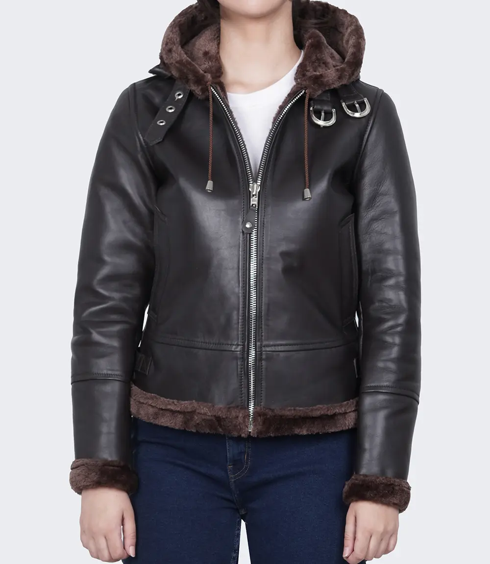 Women's Dark Brown Leather Hooded Shearling Jacket