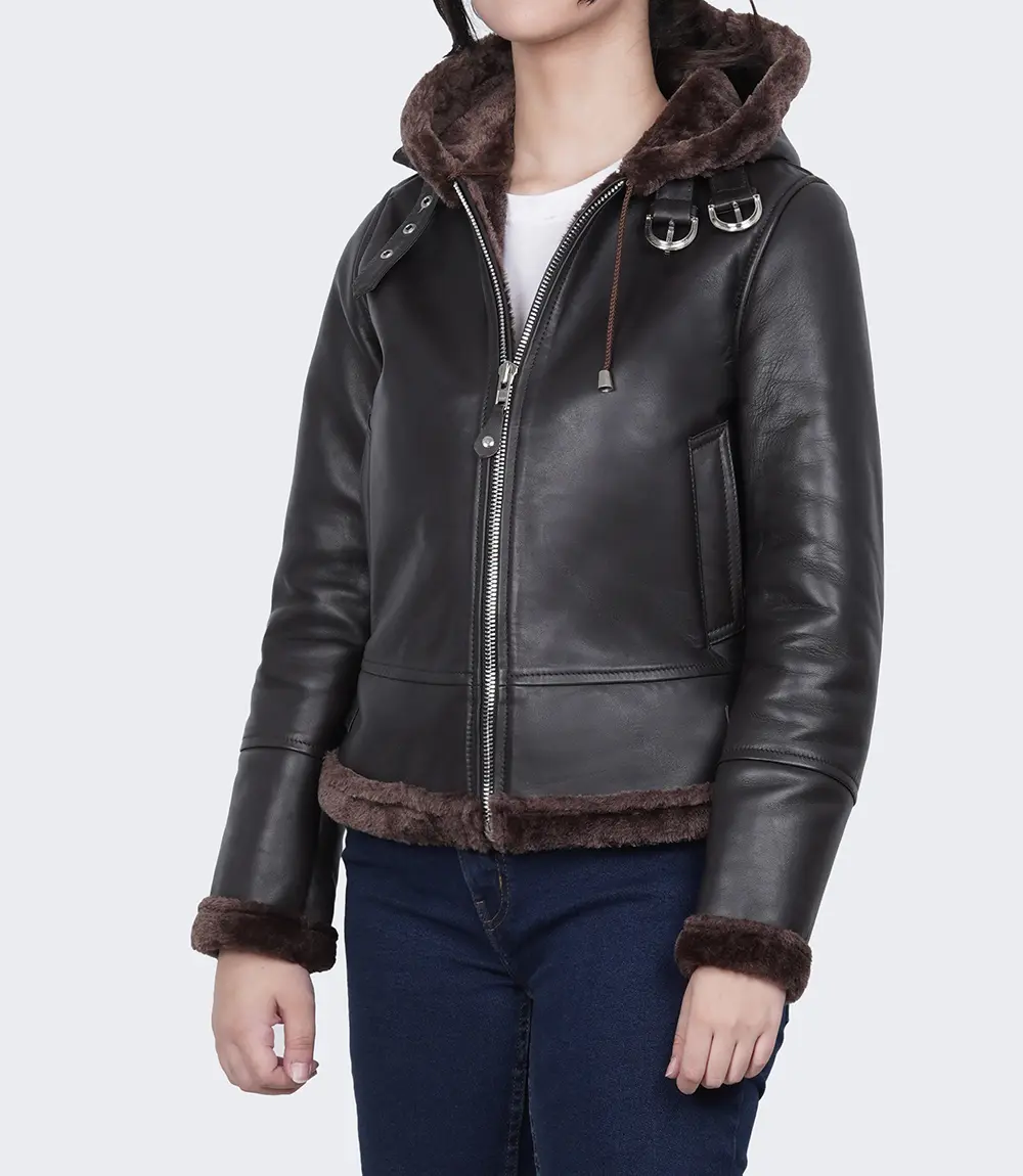 Women's Dark Brown Leather Hooded Shearling Jacket