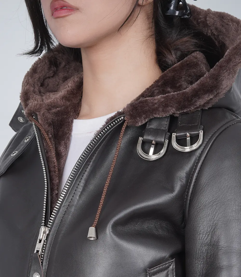 Women's Dark Brown Leather Hooded Shearling Jacket