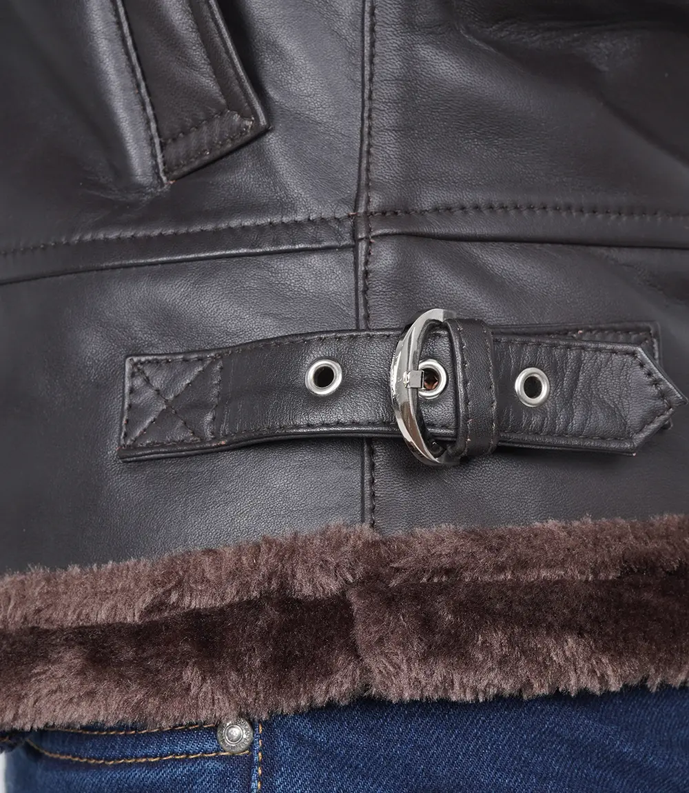 Women's Dark Brown Leather Hooded Shearling Jacket