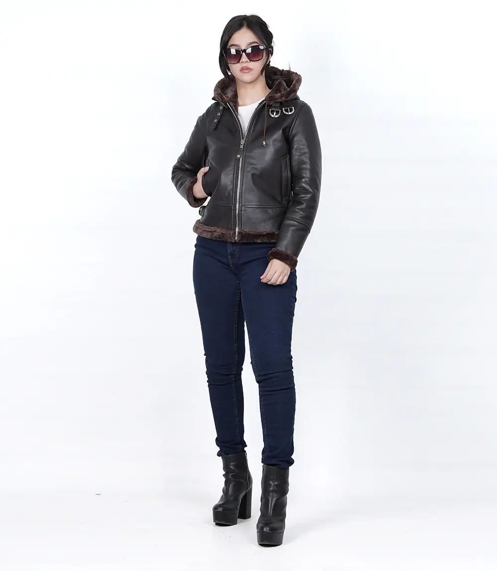 Women's Dark Brown Leather Hooded Shearling Jacket