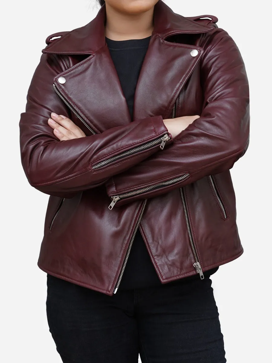 Women's Burgundy Leather Biker Jacket