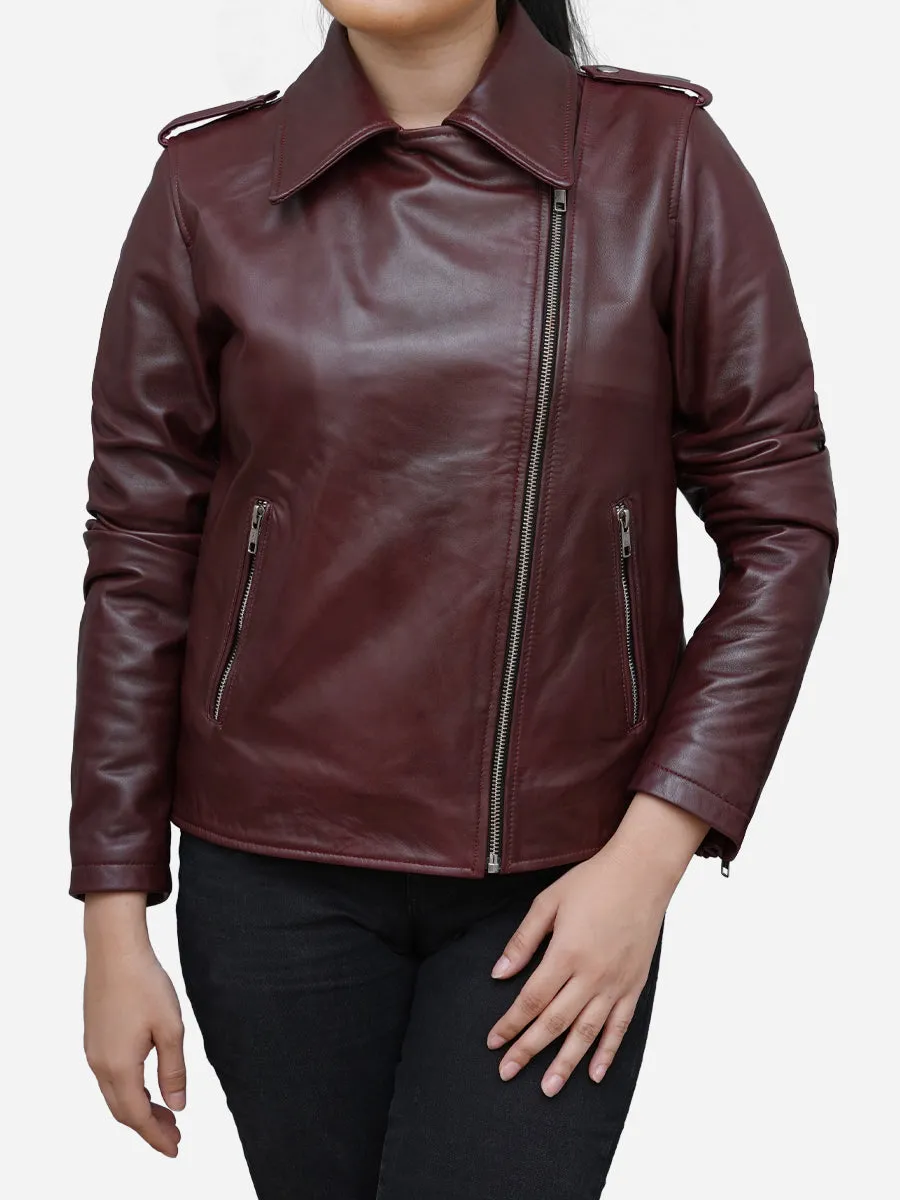 Women's Burgundy Leather Biker Jacket