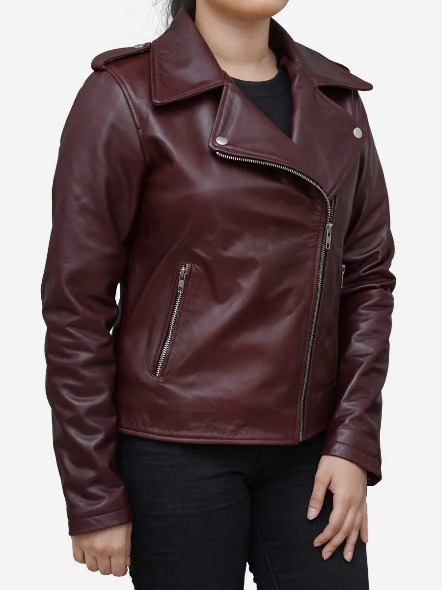 Women's Burgundy Leather Biker Jacket