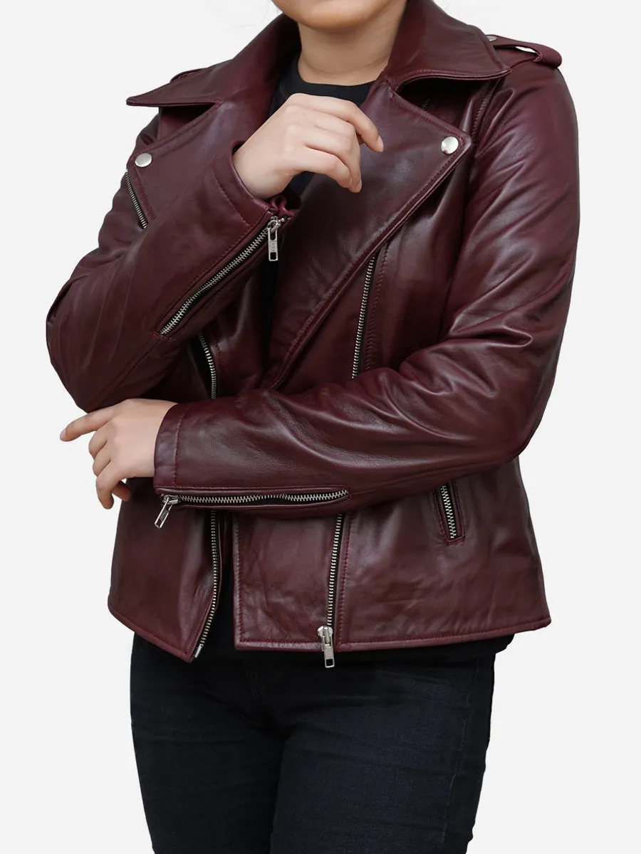 Women's Burgundy Leather Biker Jacket