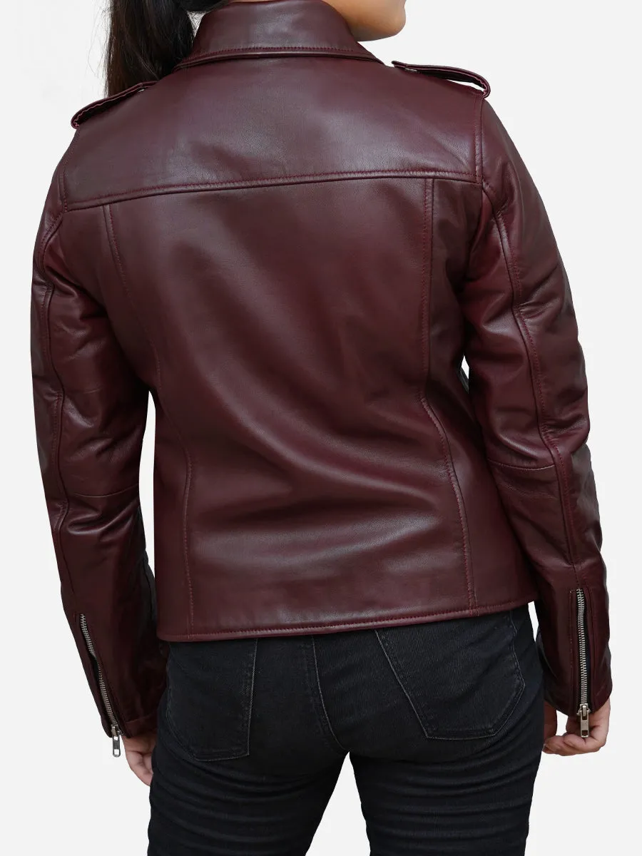 Women's Burgundy Leather Biker Jacket