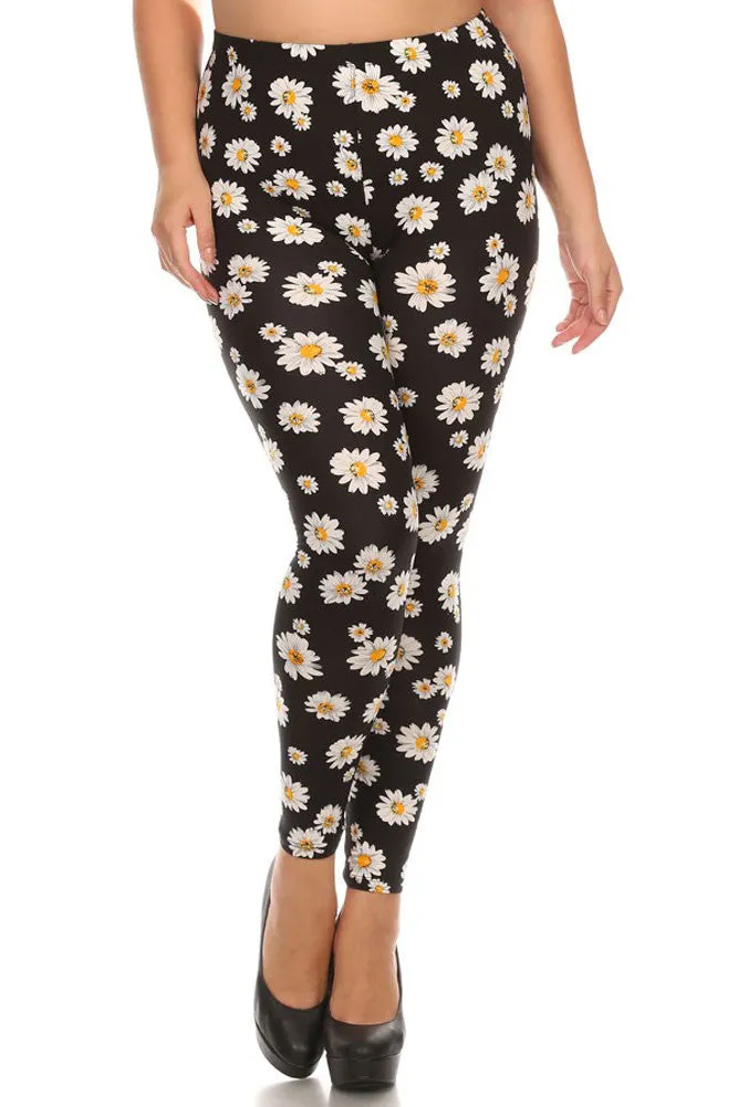 Women's Plus Colorful Daisy Flower Pattern Printed Leggings