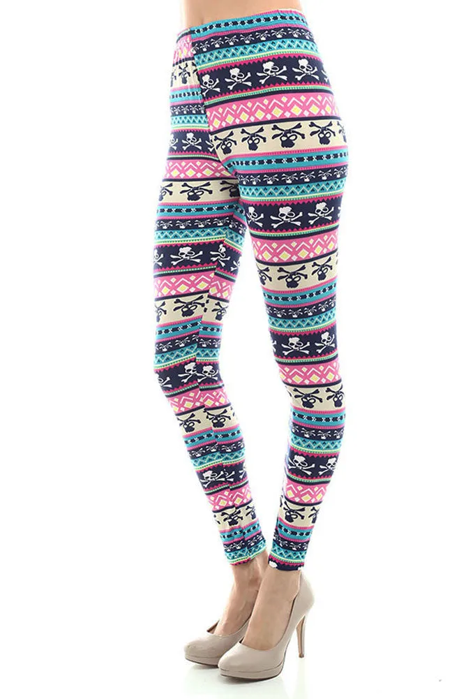 Women's Regular Mixed Small Skull Pattern Print Leggings - Blue Magenta Green