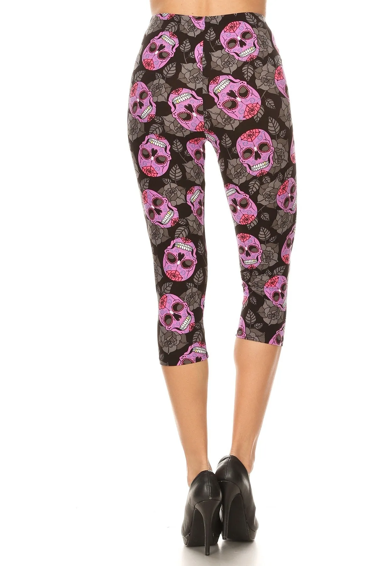 Women's Regular Purple Sugar Skull Floral Printed Cropped Capri Leggings