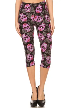 Women's Regular Purple Sugar Skull Floral Printed Cropped Capri Leggings