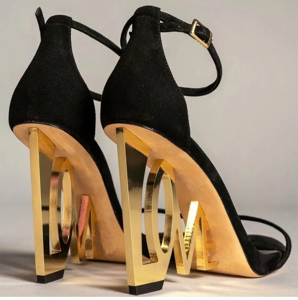 Women's Strange Style Gold Love High Heel Pumps with Ankle Strap