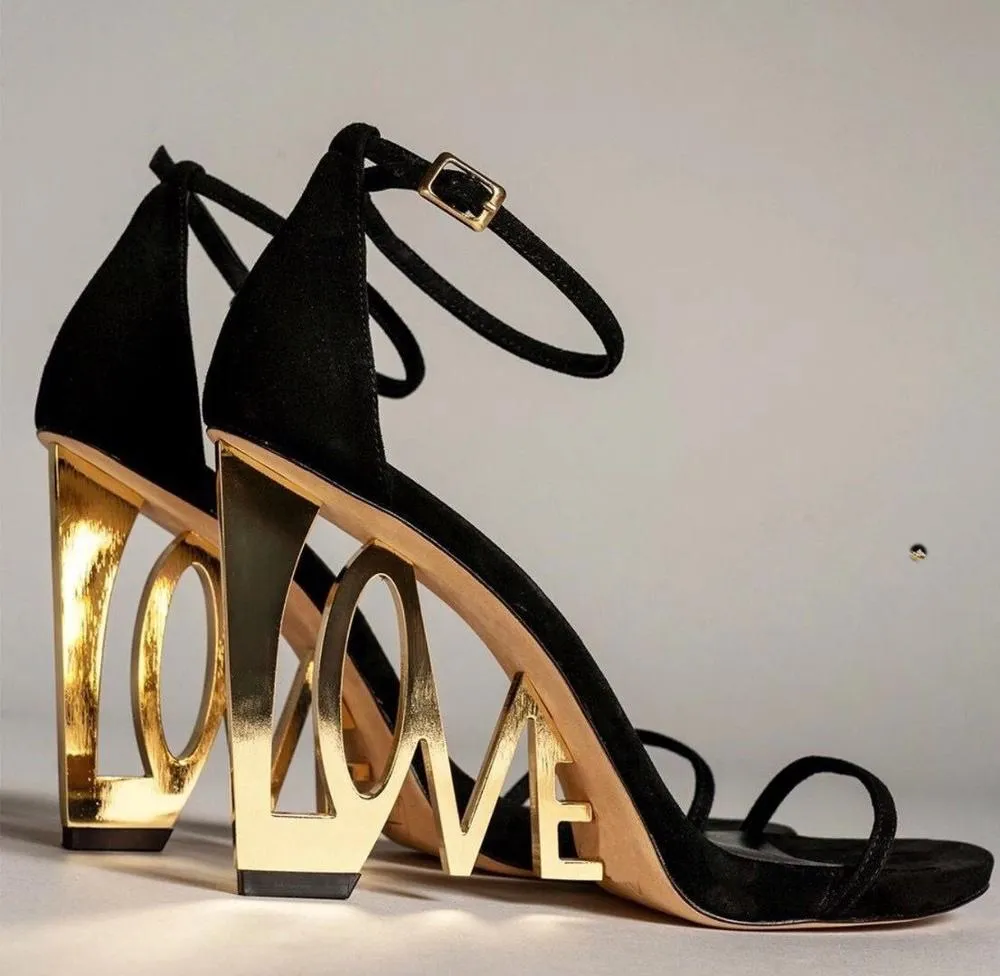 Women's Strange Style Gold Love High Heel Pumps with Ankle Strap