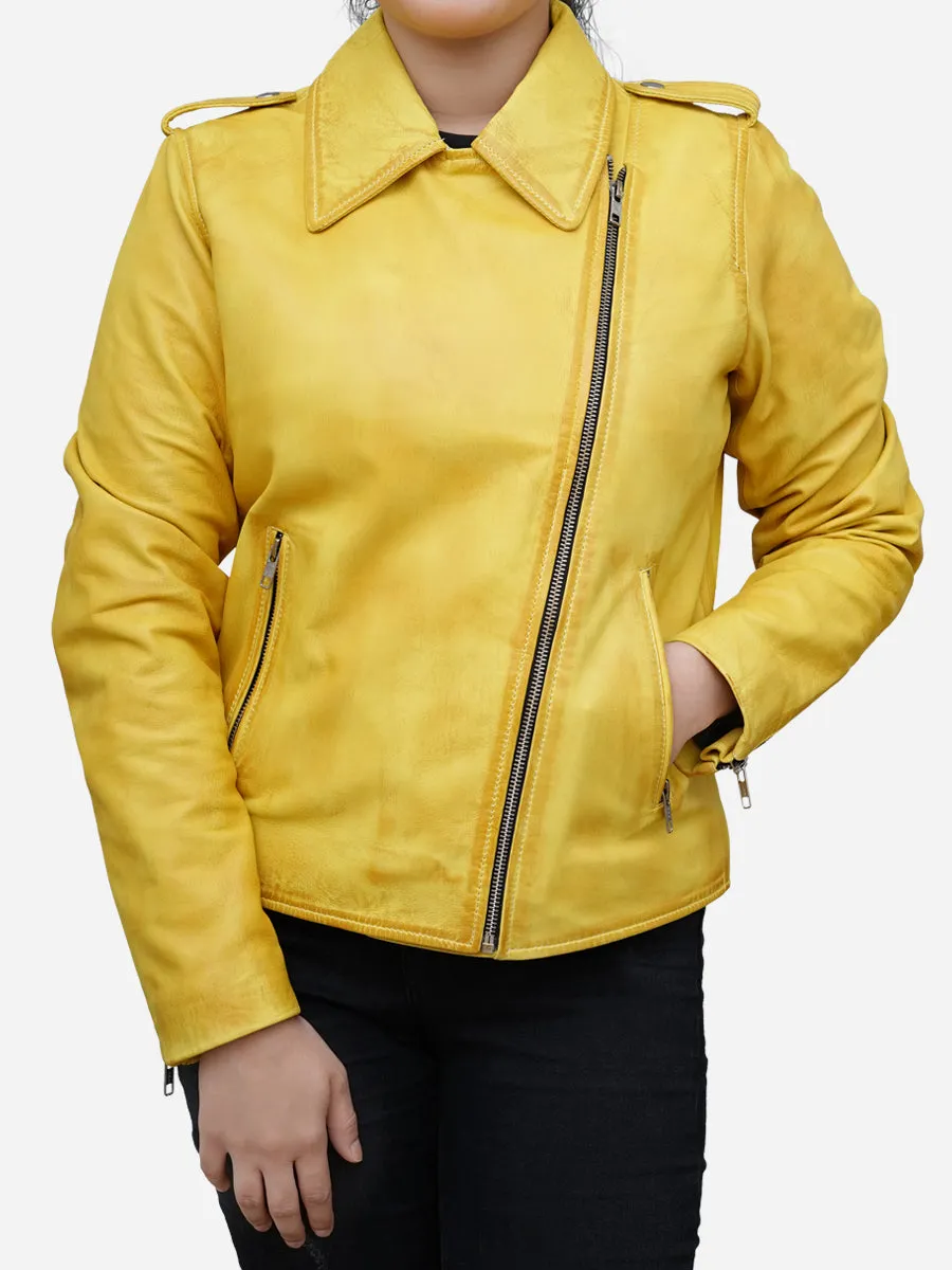 Women's Yellow Real Leather Biker Jacket