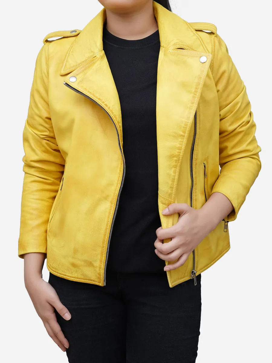 Women's Yellow Real Leather Biker Jacket