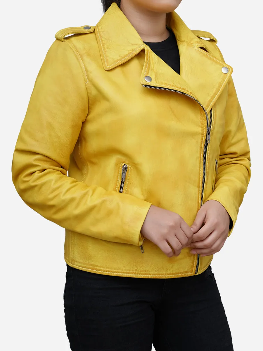 Women's Yellow Real Leather Biker Jacket