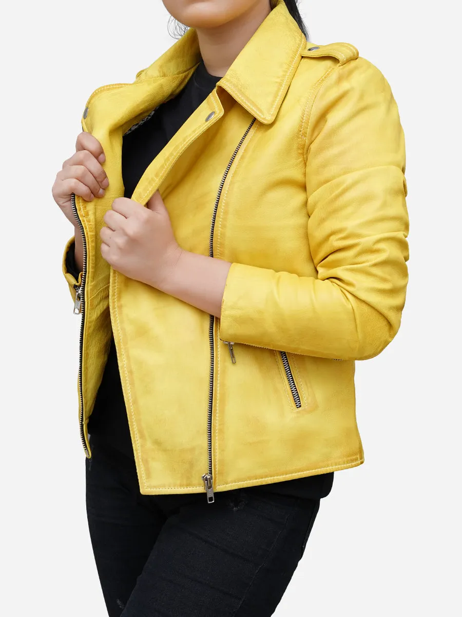 Women's Yellow Real Leather Biker Jacket