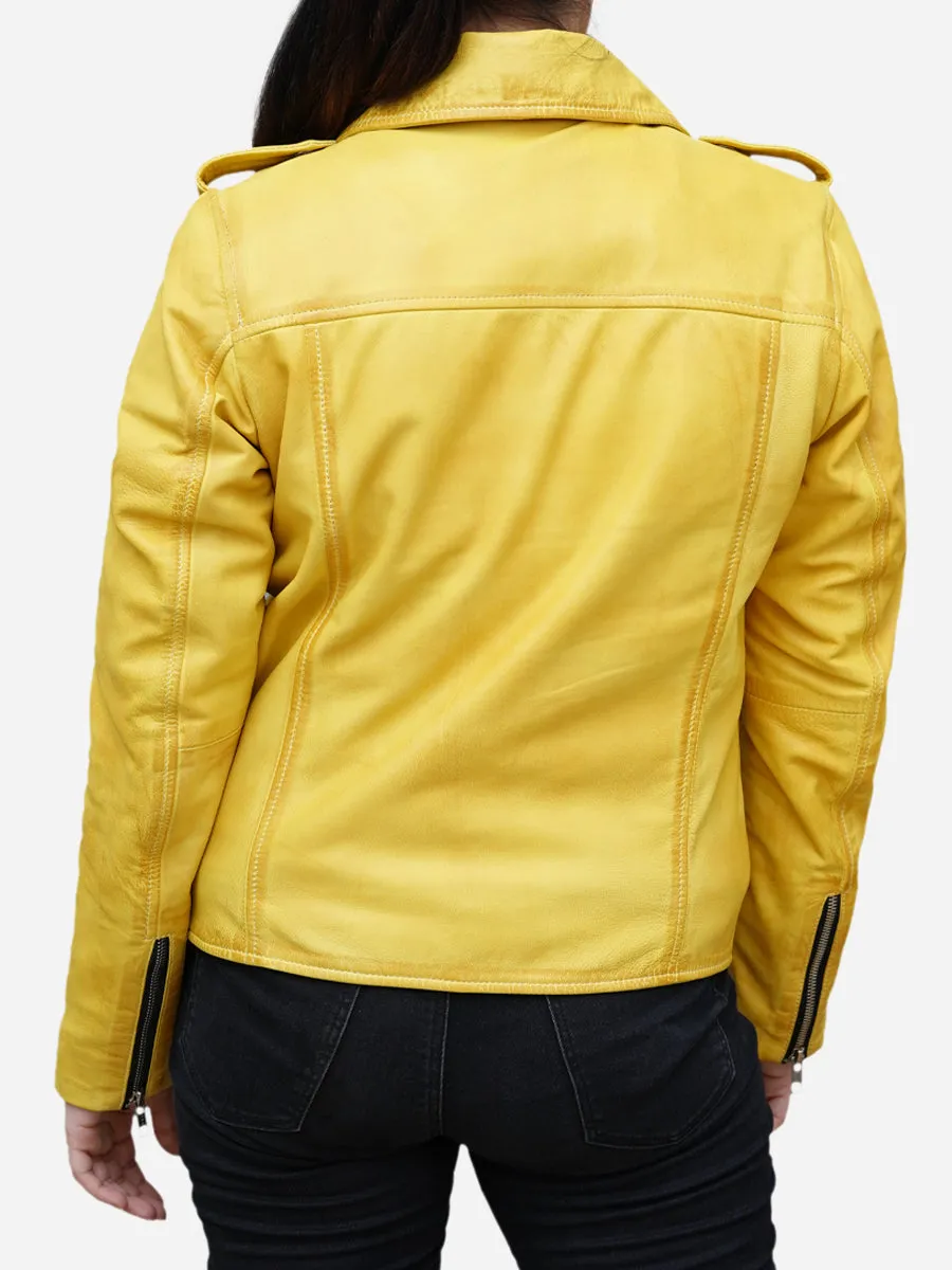 Women's Yellow Real Leather Biker Jacket