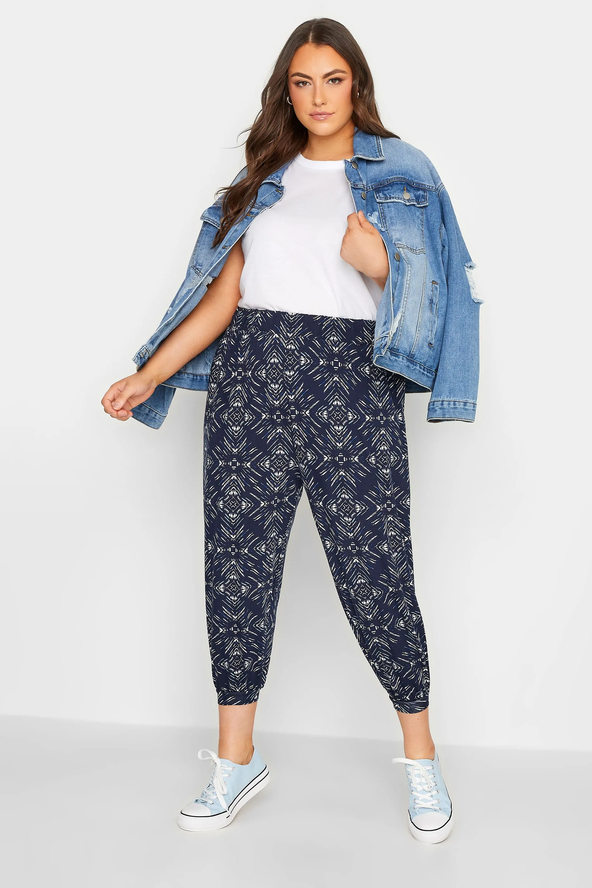 YOURS Curve Navy Blue Diamond Print Cropped Harem Trousers